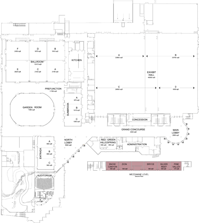 Floorplan of convention center with mezzanine highlighted